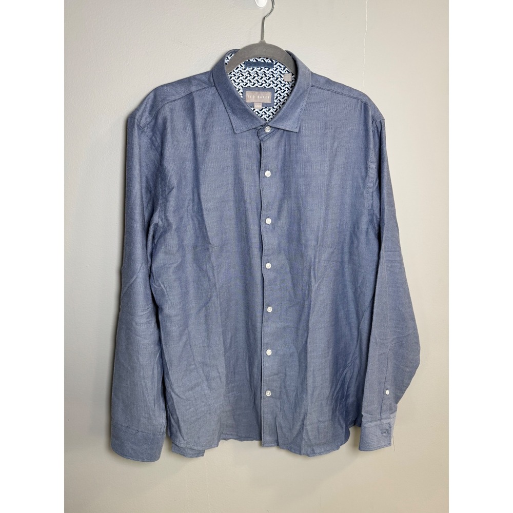 Ted Baker Mens Blue Herringbone Button Front Shirt XL Long Sleeve Cotton
